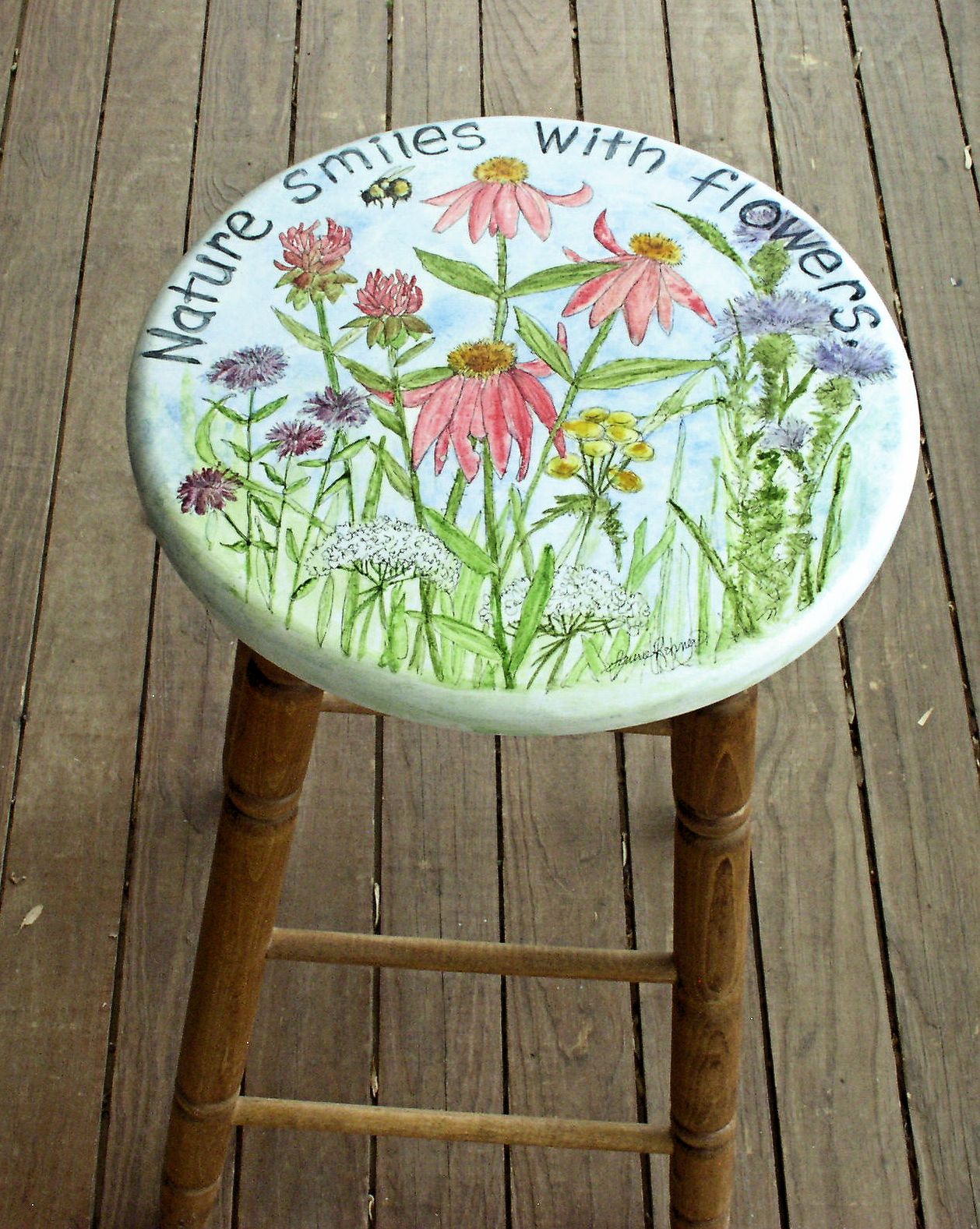 Hand Painted Furniture Garden Flowers with Nature Saying Stool