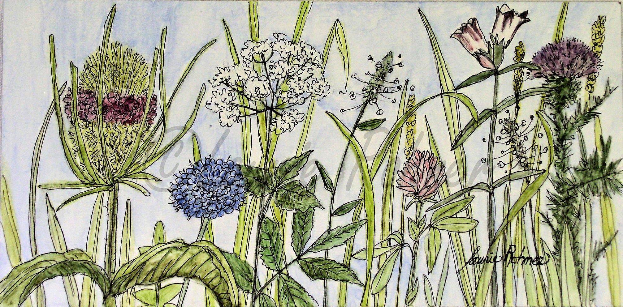 Herbs and flowers are illustrated in my watercolor painted on clay board.
