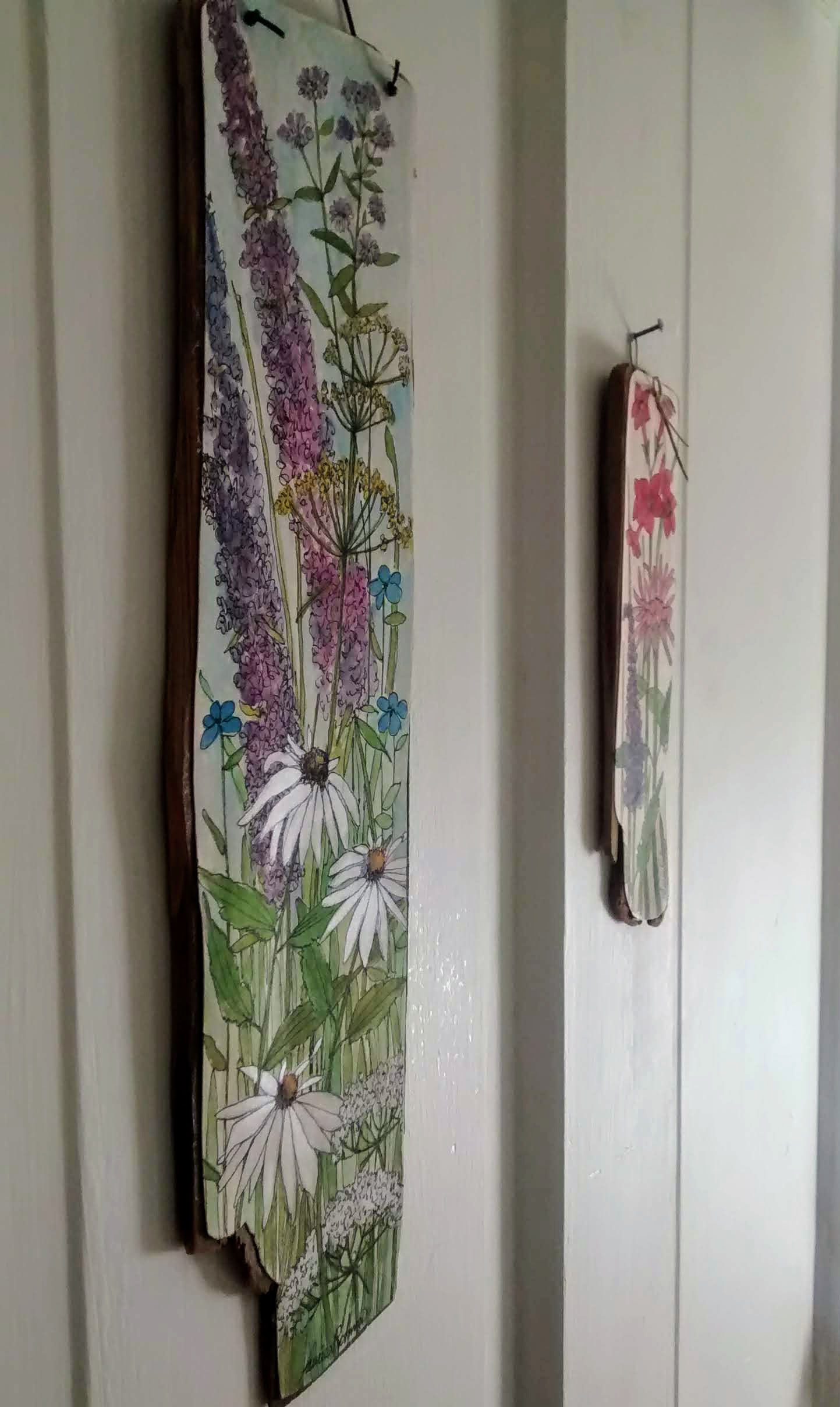 hand painted wood illustration with flowers