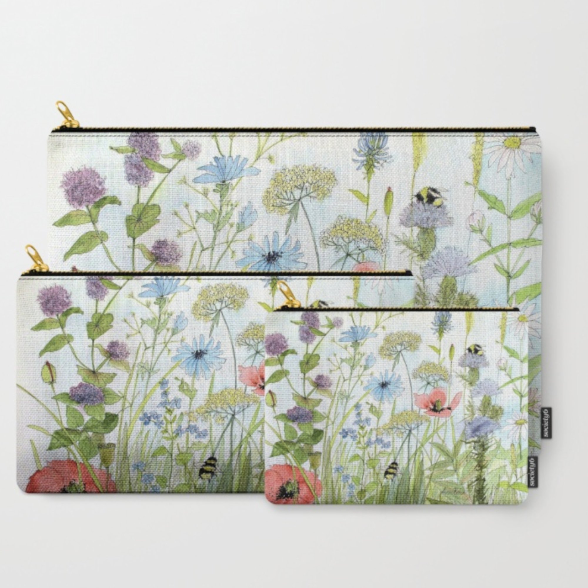 Botanical garden flower set of three carry all pouches