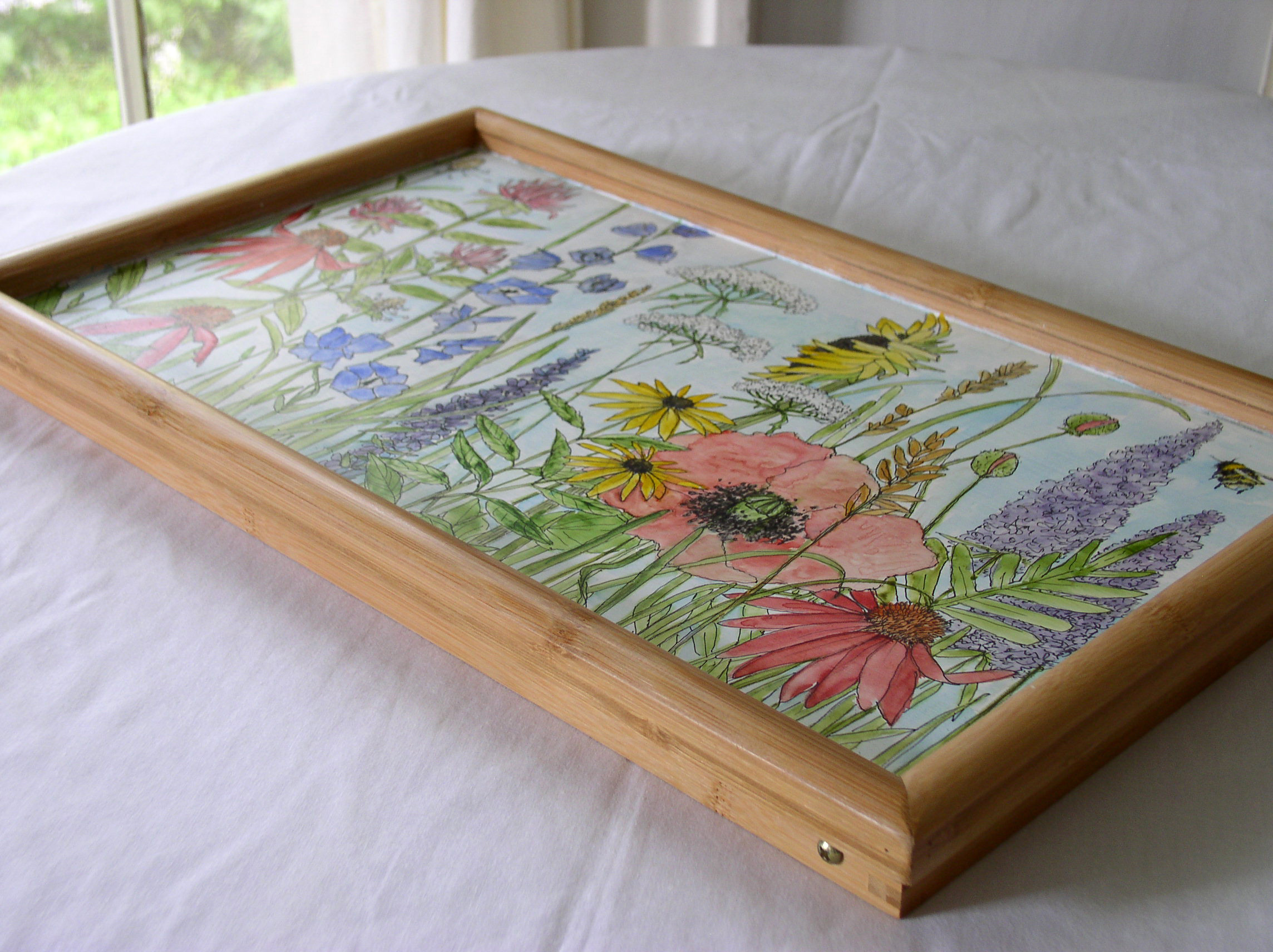 Painted Tray measures 20 x 8.5 inches Tray height with legs 20 inches high